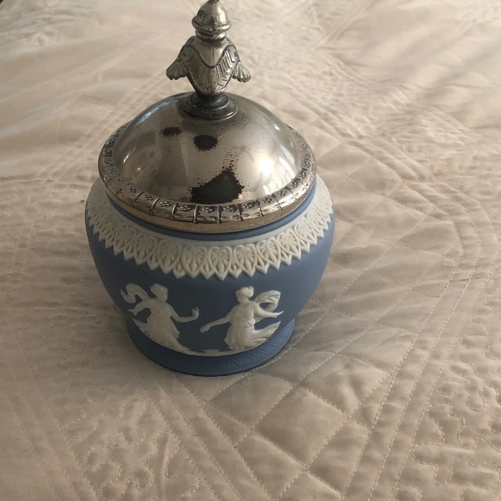 Wedgwood-Style Blue Jasperware Trinket Jar with Silver Lid